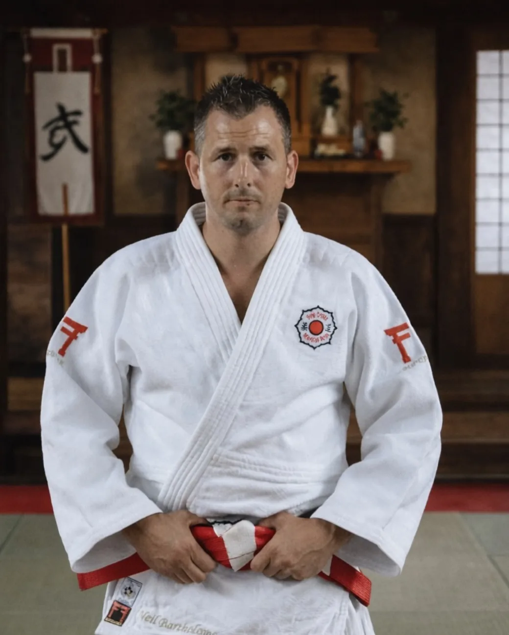 Neil Bartholomew in a dojo, calligraphy scroll behind